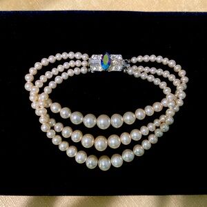 Vintage 3-Strand Graduated Faux Pearl Art Deco Style Bracelet AB Rhinestone